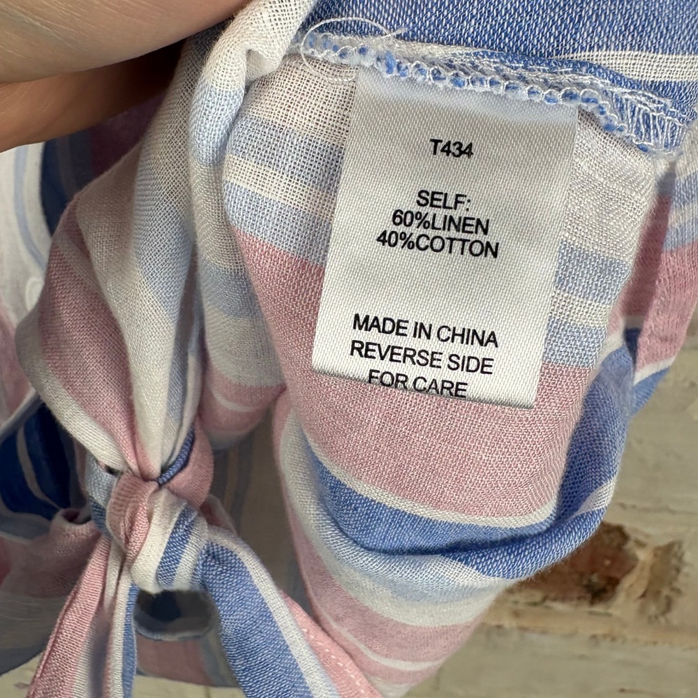 Alexa Admor Linen Cotton Tie Front Striped Coastal Resort Blouse - Picture 4 of 8